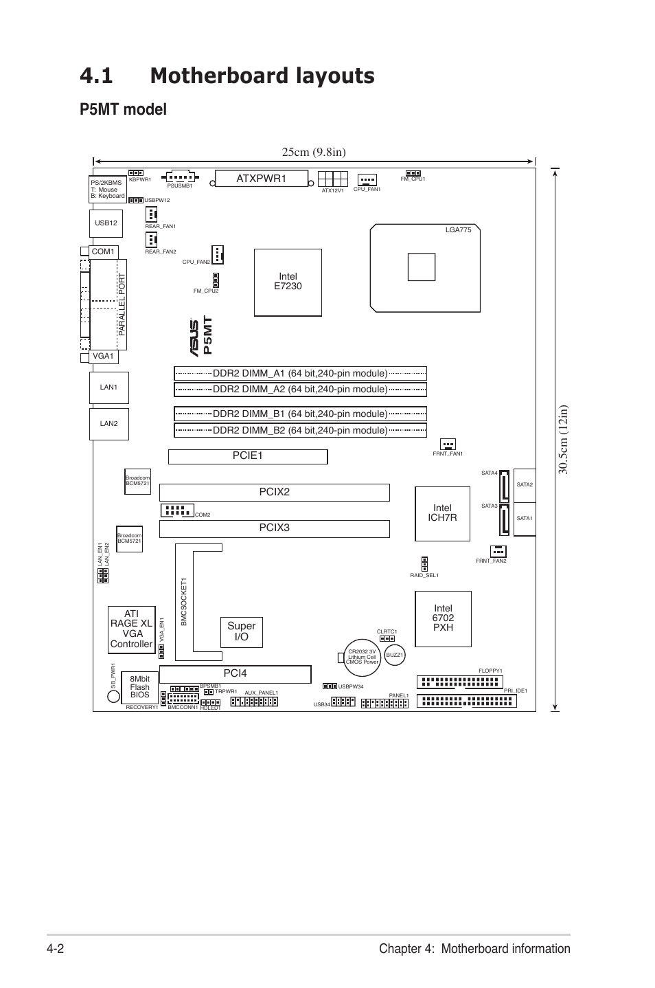 1 motherboard layouts, P5mt model, Chapter 4: motherboard information 4-2 | P5mt, Super i/o, Pcie1 pcix3 pcix2, Pci4, Atxpwr1 | Asus TS300-PA4 User Manual | Page 70 / 204