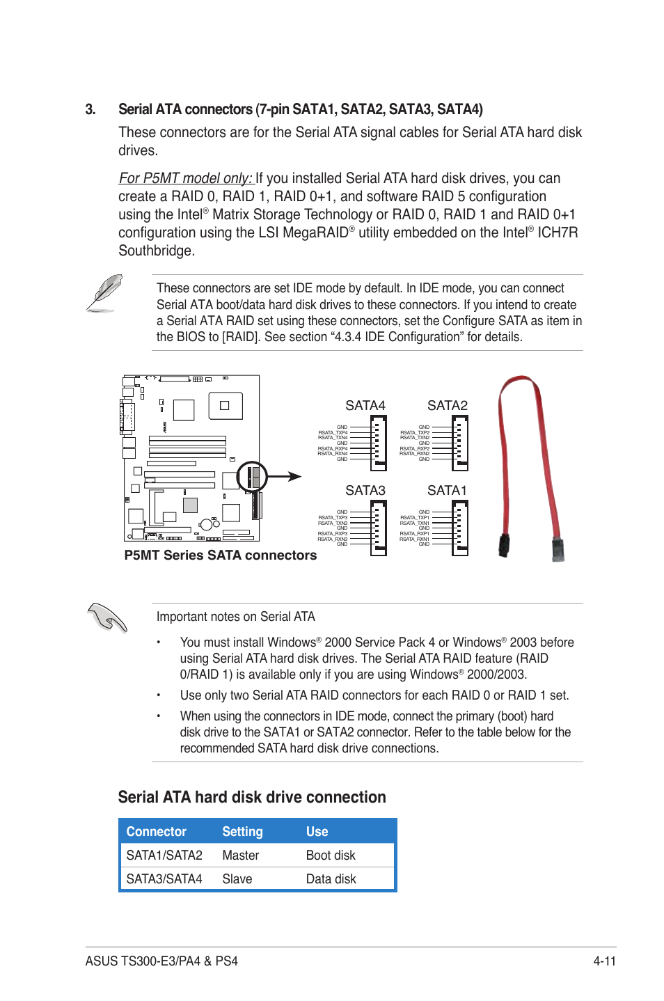 Serial ata hard disk drive connection, Utility embedded on the intel, Ich7r southbridge | P5mt series sata connectors sata2, Sata1, Sata4, Sata3 | Asus TS300-PA4 User Manual | Page 79 / 204