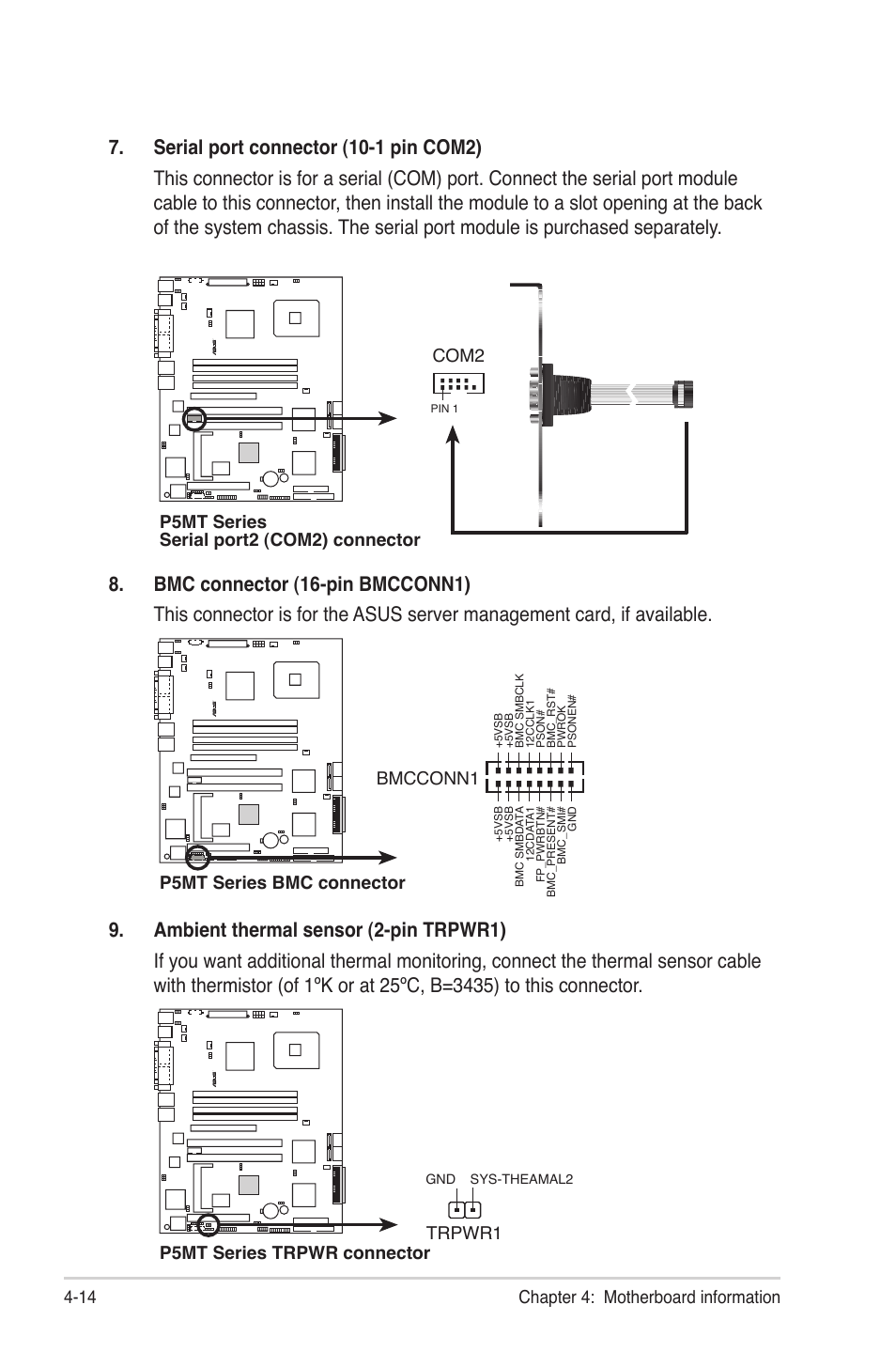 Chapter 4: motherboard information 4-14, P5mt series serial port2 (com2) connector, Com2 | P5mt series bmc connector bmcconn1, P5mt series trpwr connector trpwr1 | Asus TS300-PA4 User Manual | Page 82 / 204