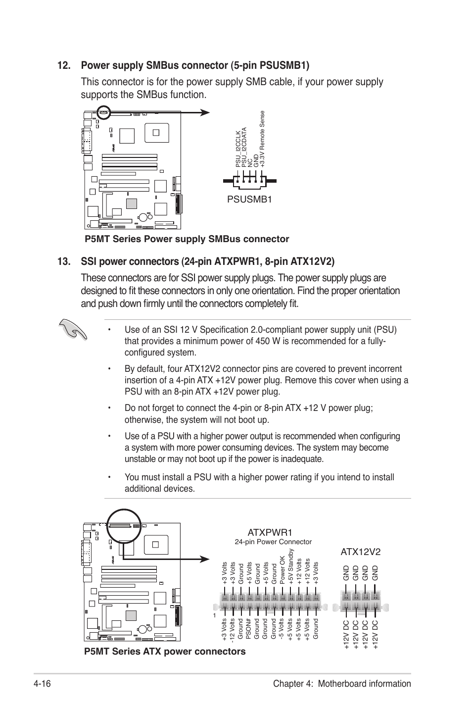 Chapter 4: motherboard information 4-16, P5mt series power supply smbus connector psusmb1, P5mt series atx power connectors | Atx12v2 atxpwr1 | Asus TS300-PA4 User Manual | Page 84 / 204