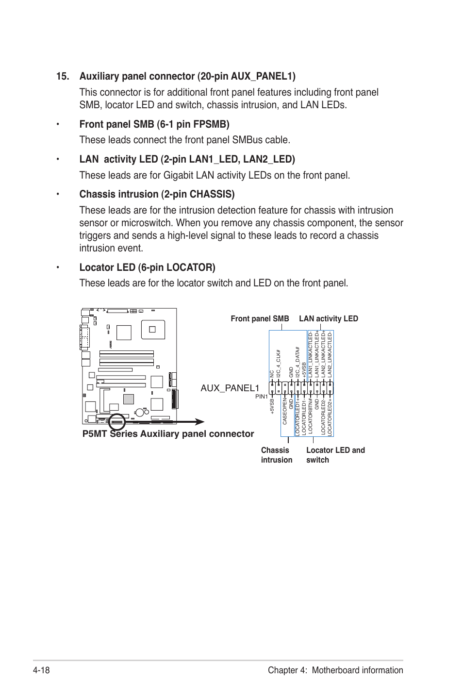 Chapter 4: motherboard information 4-18, P5mt series auxiliary panel connector aux_panel1 | Asus TS300-PA4 User Manual | Page 86 / 204