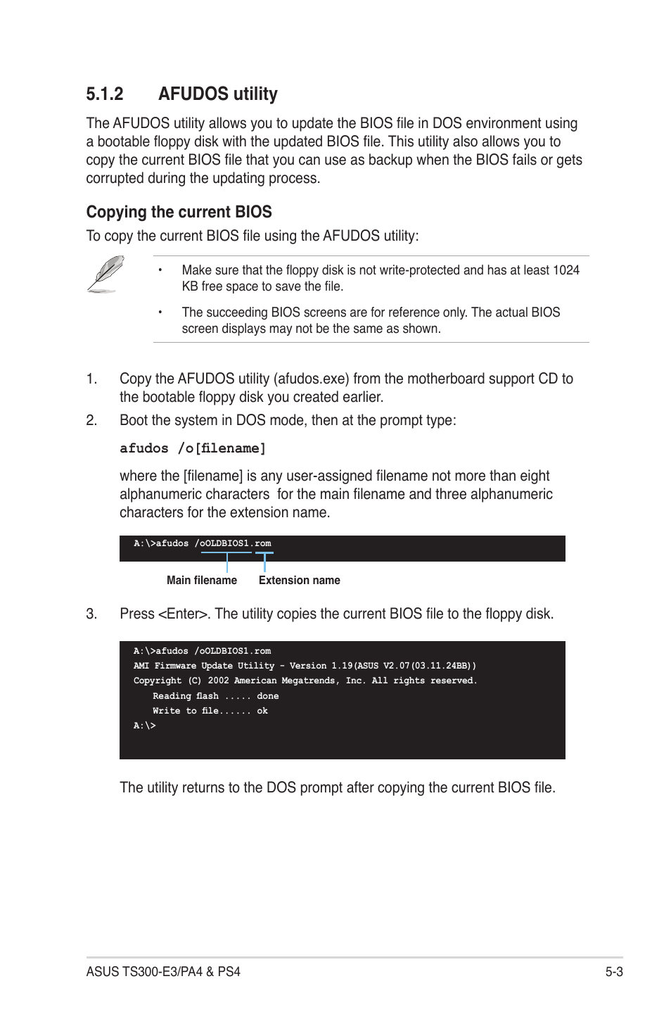 Afudos utility -3, 2 afudos utility, Copying the current bios | Asus TS300-PA4 User Manual | Page 89 / 204