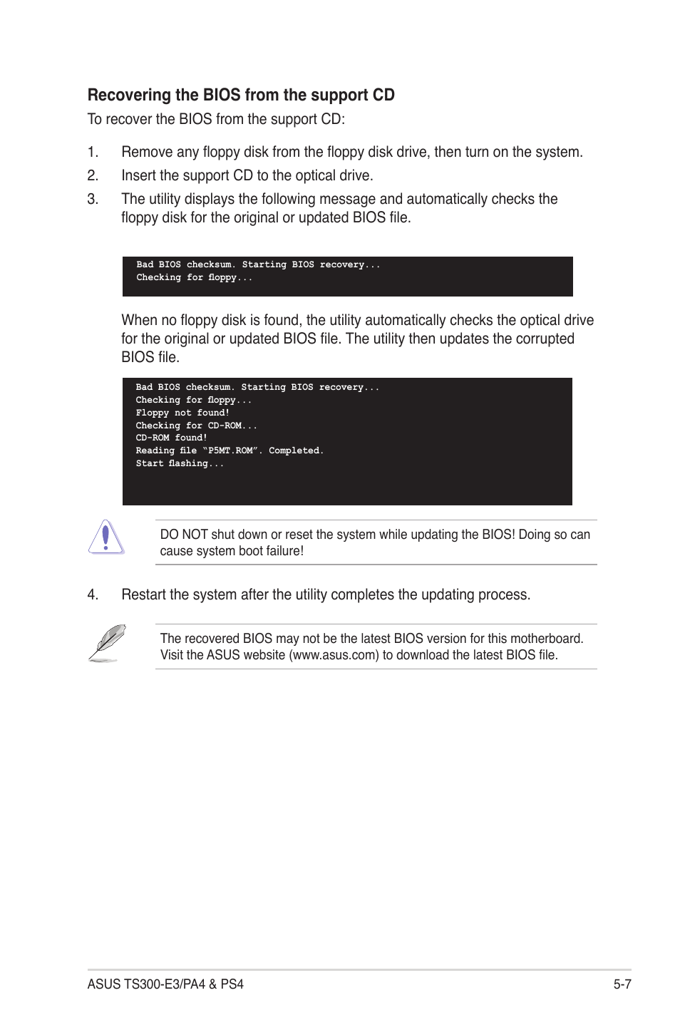 Recovering the bios from the support cd | Asus TS300-PA4 User Manual | Page 93 / 204