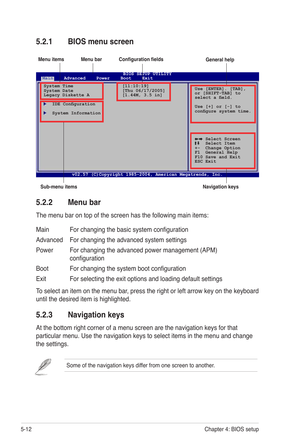 Bios menu screen -12, Menu bar -12, Navigation keys -12 | 2 menu bar, 3 navigation keys, 1 bios menu screen | Asus TS300-PA4 User Manual | Page 98 / 204