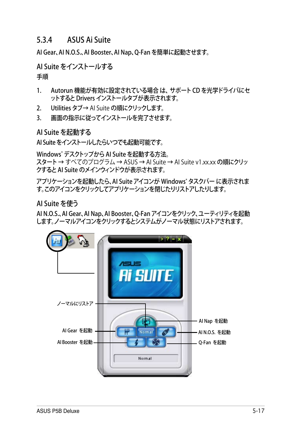 4 asus ai suite, Ai suite をインストールする, Ai suite を起動する | Ai suite を使う | Asus P5B Deluxe User Manual | Page 127 / 164