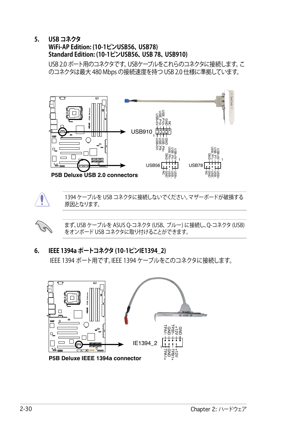 0 chapter : ハードウェア, 1394 ケーブルを usb コネクタに接続しないでください。マザーボードが破損する 原因となります, P5b deluxe usb 2.0 connectors | Usb910 | Asus P5B Deluxe User Manual | Page 56 / 164