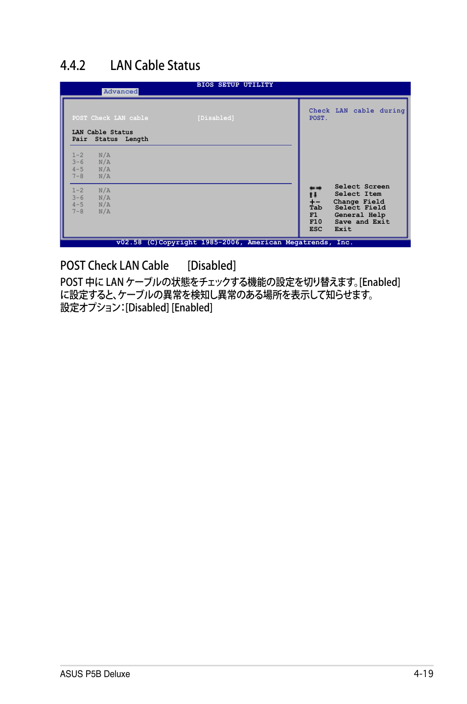 2 lan cable status, Post check lan cable [disabled | Asus P5B Deluxe User Manual | Page 89 / 164