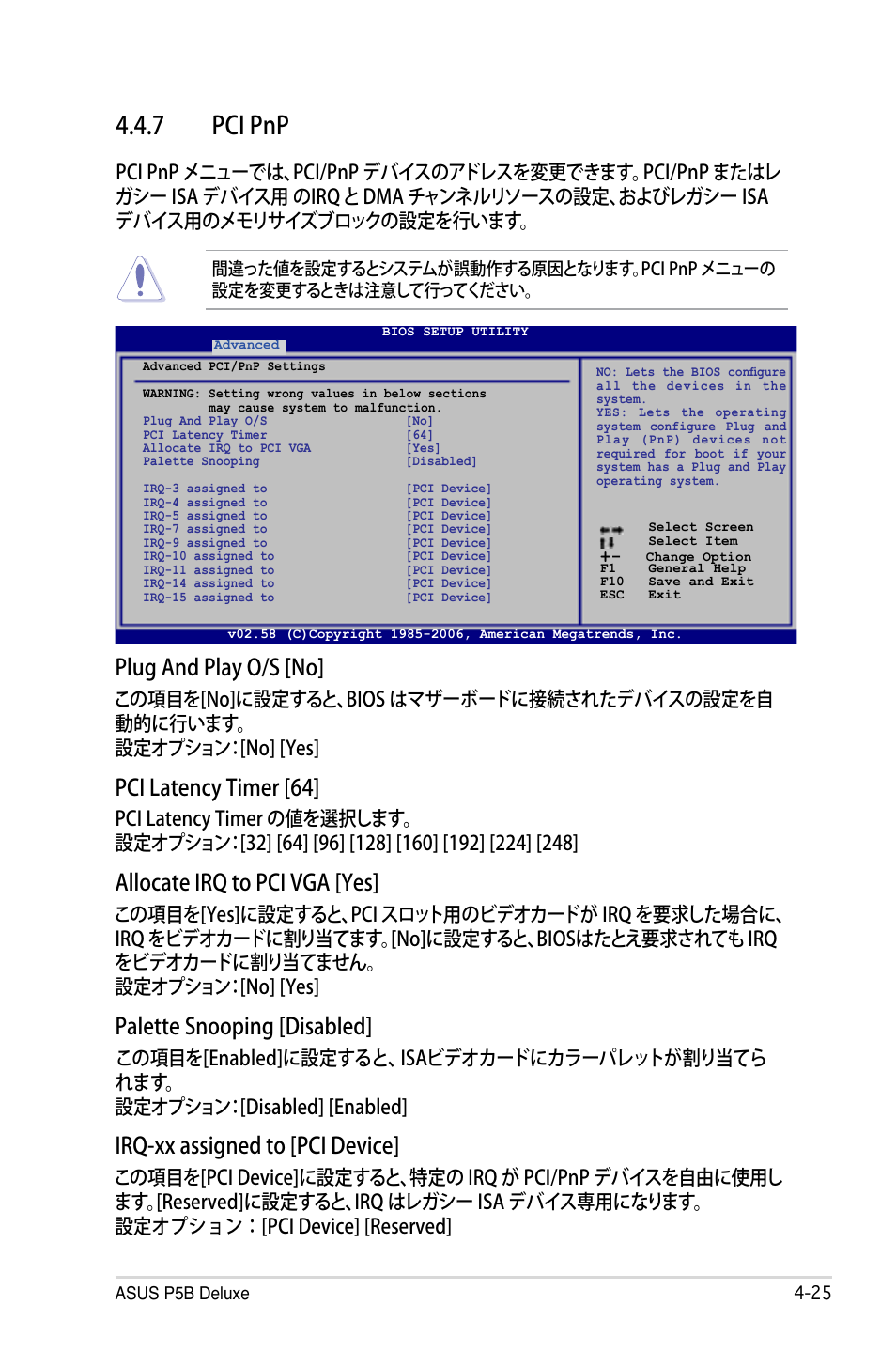 7 pci pnp, Plug and play o/s [no, Pci latency timer [64 | Allocate irq to pci vga [yes, Palette snooping [disabled, Irq-xx assigned to [pci device | Asus P5B Deluxe User Manual | Page 95 / 164