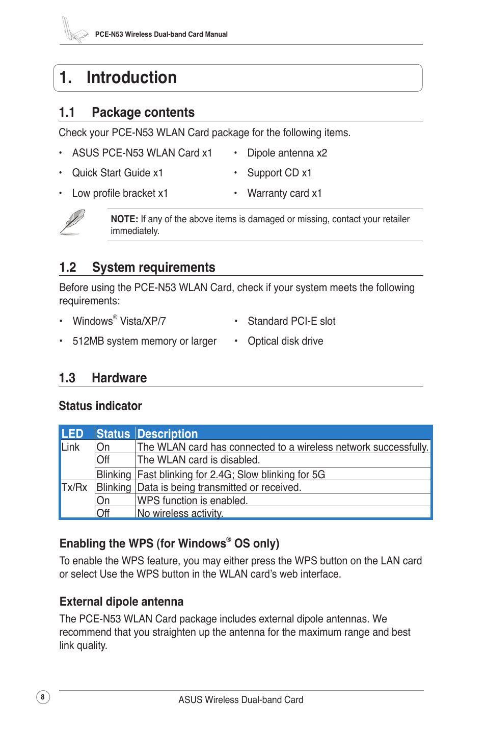 Introduction, 1 package contents, 2 system requirements | 3 hardware | Asus Wireless Dual-band PCI-E Card PCE-N53 User Manual | Page 11 / 35