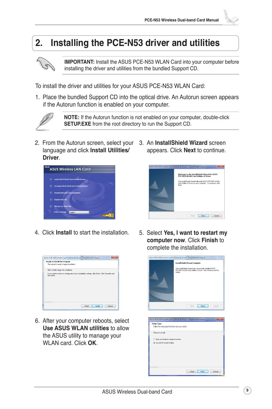 Installing the pce-n53 driver and utilities | Asus Wireless Dual-band PCI-E Card PCE-N53 User Manual | Page 12 / 35