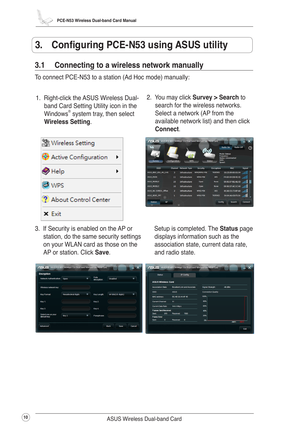 Configuring pce-n53 using asus utility, 1 connecting to a wireless network manually | Asus Wireless Dual-band PCI-E Card PCE-N53 User Manual | Page 13 / 35
