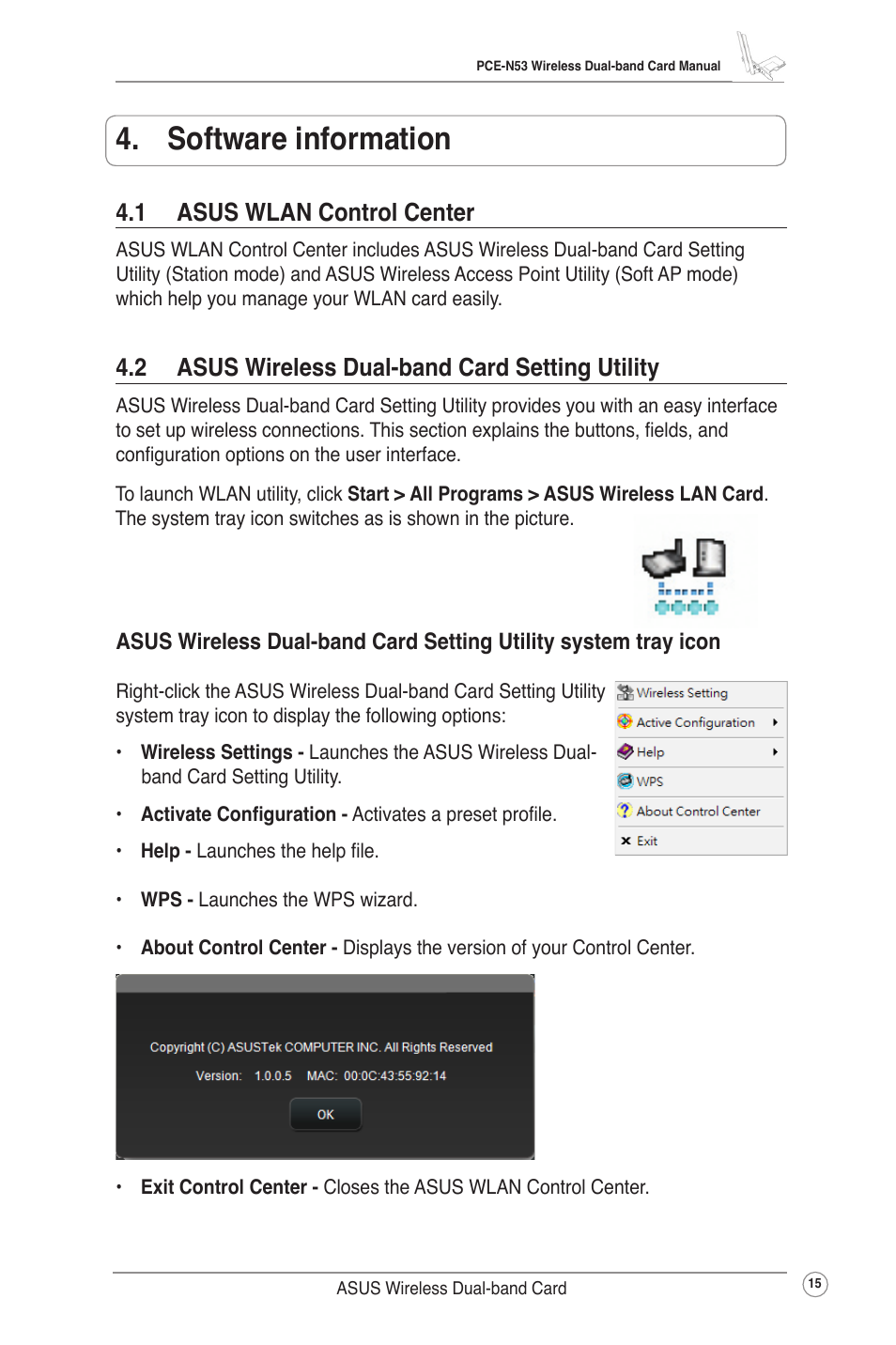 Software information, 1 asus wlan control center, 2 asus wireless dual-band card setting utility | Asus Wireless Dual-band PCI-E Card PCE-N53 User Manual | Page 18 / 35