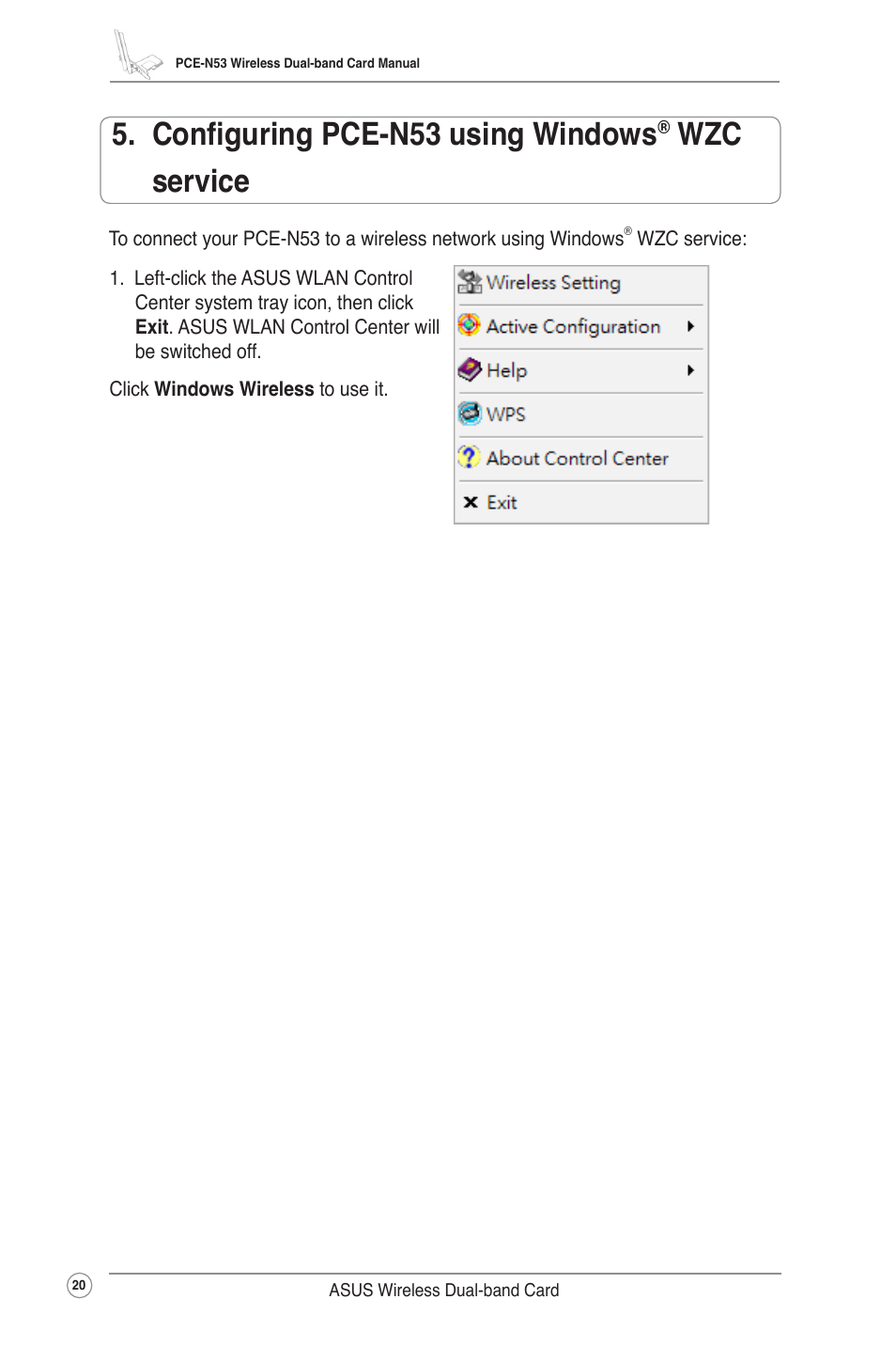 Configuring pce-n53 using windows® wzc service, Configuring pce-n53 using windows, Service | Wzc service | Asus Wireless Dual-band PCI-E Card PCE-N53 User Manual | Page 23 / 35