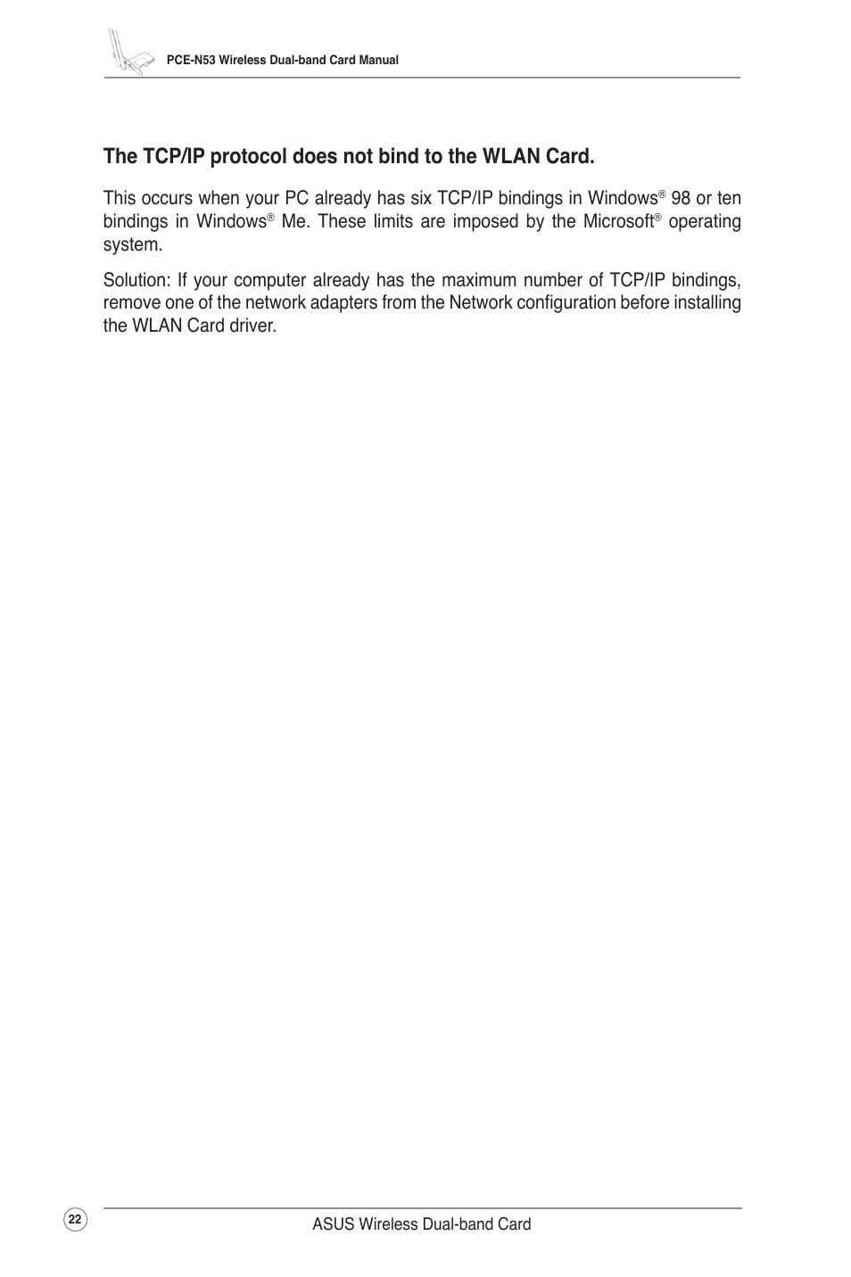 The tcp/ip protocol does not bind to the wlan card | Asus Wireless Dual-band PCI-E Card PCE-N53 User Manual | Page 25 / 35