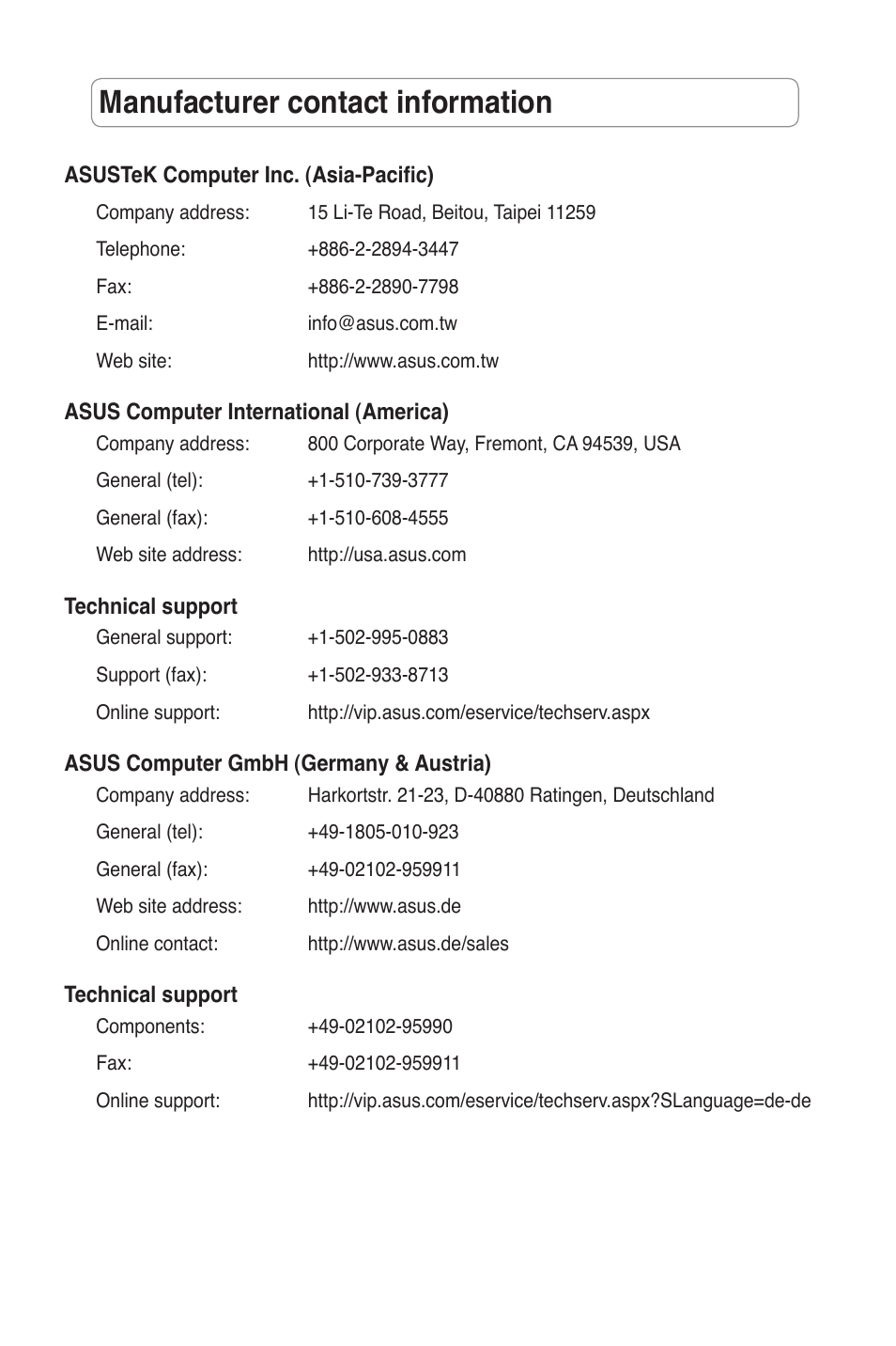 Manufacturer contact information | Asus Wireless Dual-band PCI-E Card PCE-N53 User Manual | Page 3 / 35