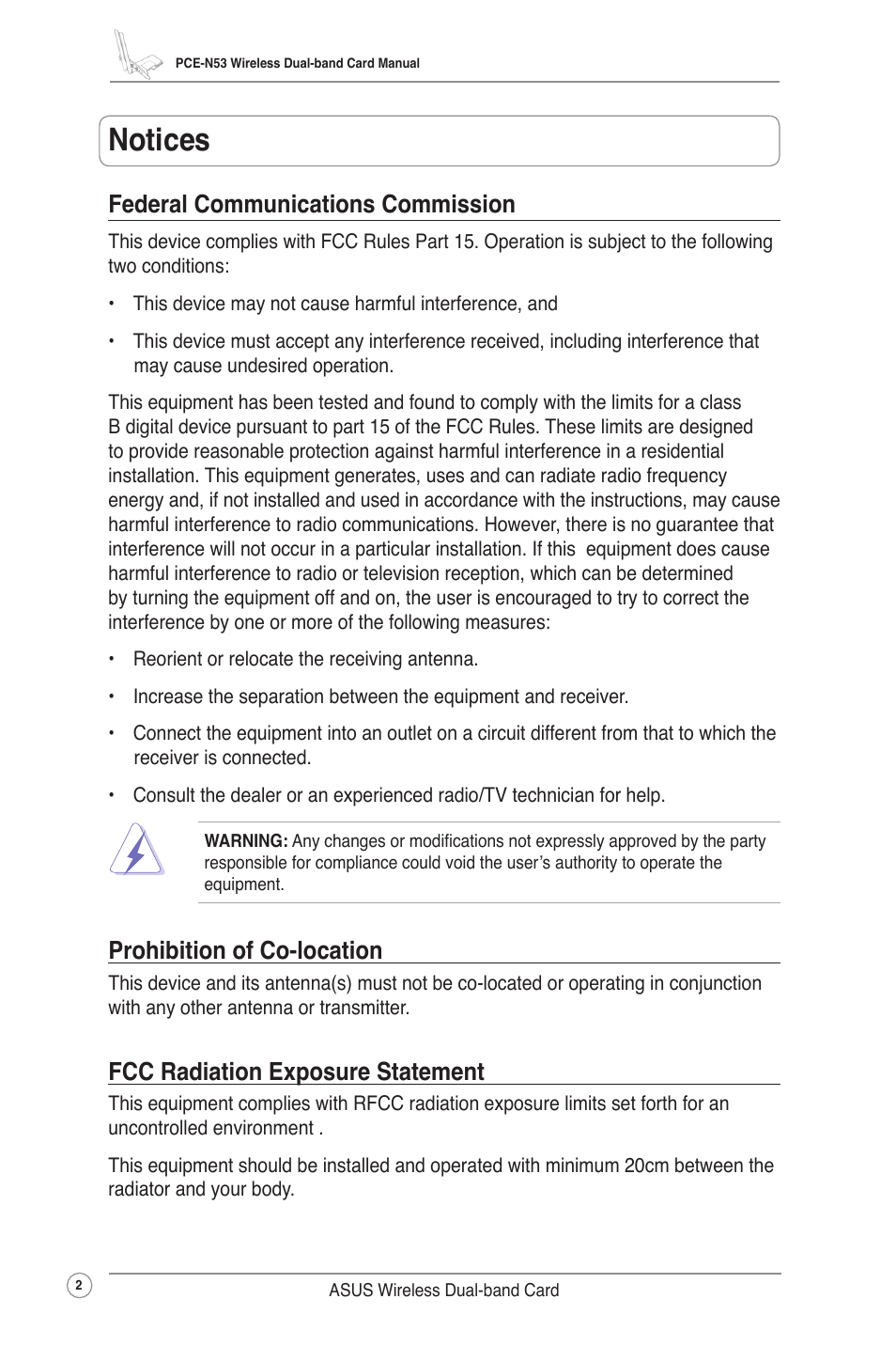 Notices, Federal communications commission, Prohibition of co-location | Fcc radiation exposure statement | Asus Wireless Dual-band PCI-E Card PCE-N53 User Manual | Page 5 / 35