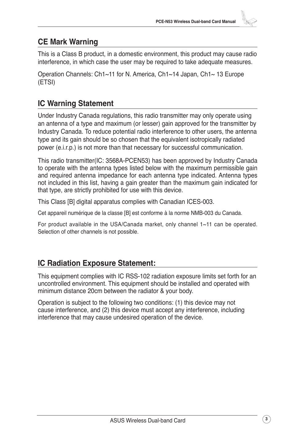 Ce mark warning, Ic warning statement, Ic radiation exposure statement | Asus Wireless Dual-band PCI-E Card PCE-N53 User Manual | Page 6 / 35