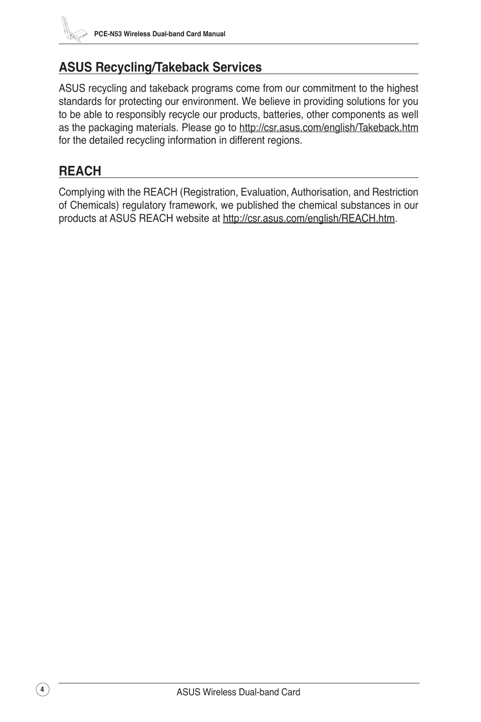 Asus recycling/takeback services, Reach, Asus recycling/takeback services reach | Asus Wireless Dual-band PCI-E Card PCE-N53 User Manual | Page 7 / 35