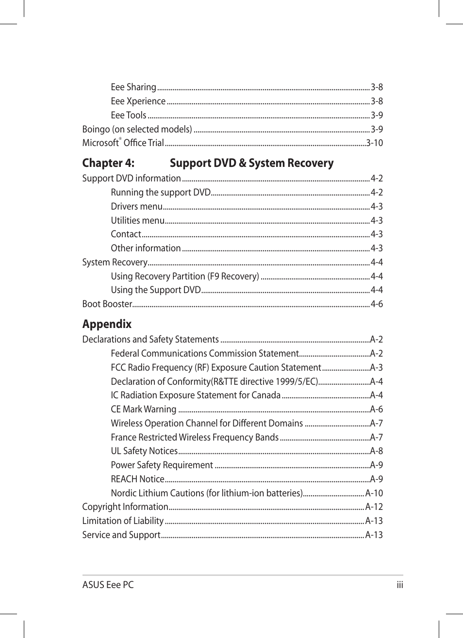 Chapter 4: support dvd & system recovery, Appendix | Asus EEE PC E5064 User Manual | Page 3 / 60