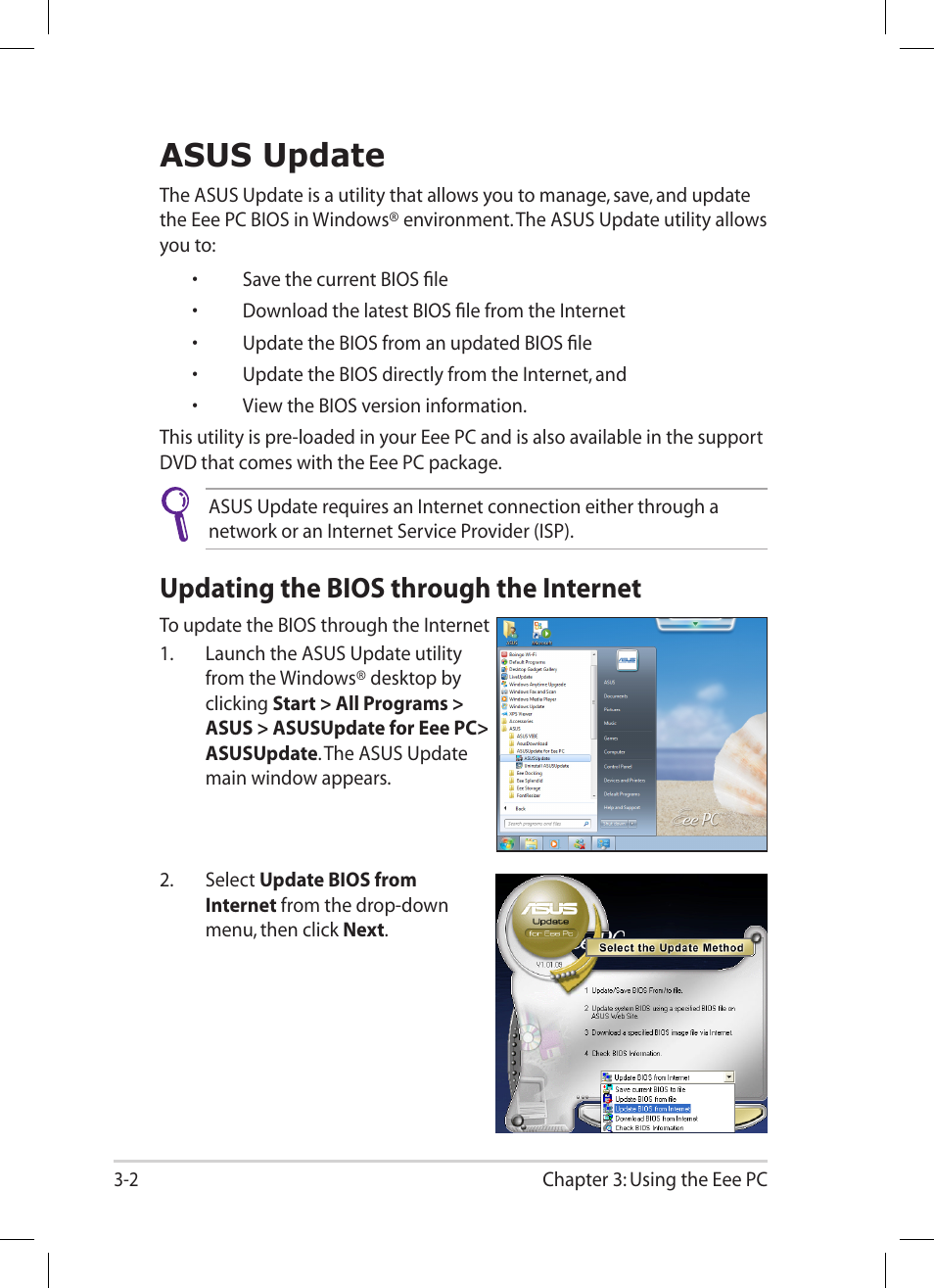 Asus update, Updating the bios through the internet, Asus update -2 | Updating the bios through the internet -2 | Asus EEE PC E5064 User Manual | Page 32 / 60