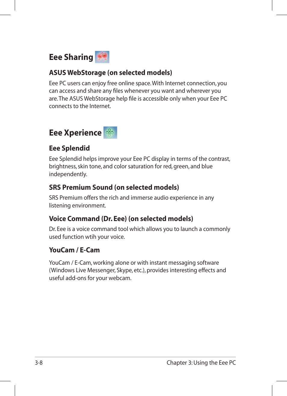 Eee sharing, Eee xperience, Eee sharing -8 eee xperience -8 | Asus EEE PC E5064 User Manual | Page 38 / 60