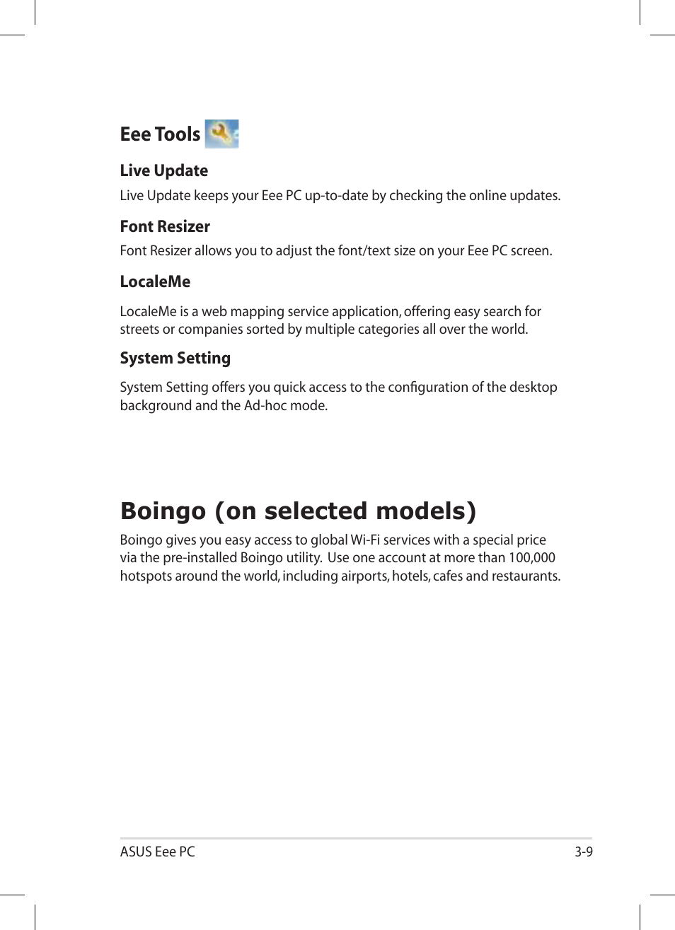 Eee tools, Boingo (on selected models), Eee tools -9 | Boingo (on selected models) -9 | Asus EEE PC E5064 User Manual | Page 39 / 60