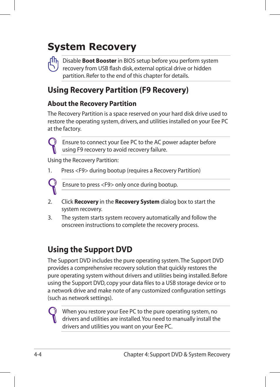 System recovery, Using recovery partition (f9 recovery), Using the support dvd | System recovery -4 | Asus EEE PC E5064 User Manual | Page 44 / 60