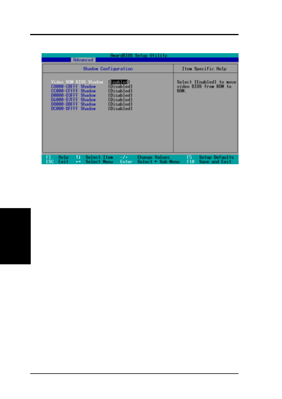 Bios setup, 4 shadow configuration | Asus INTEL TUSL2-C User Manual | Page 68 / 106