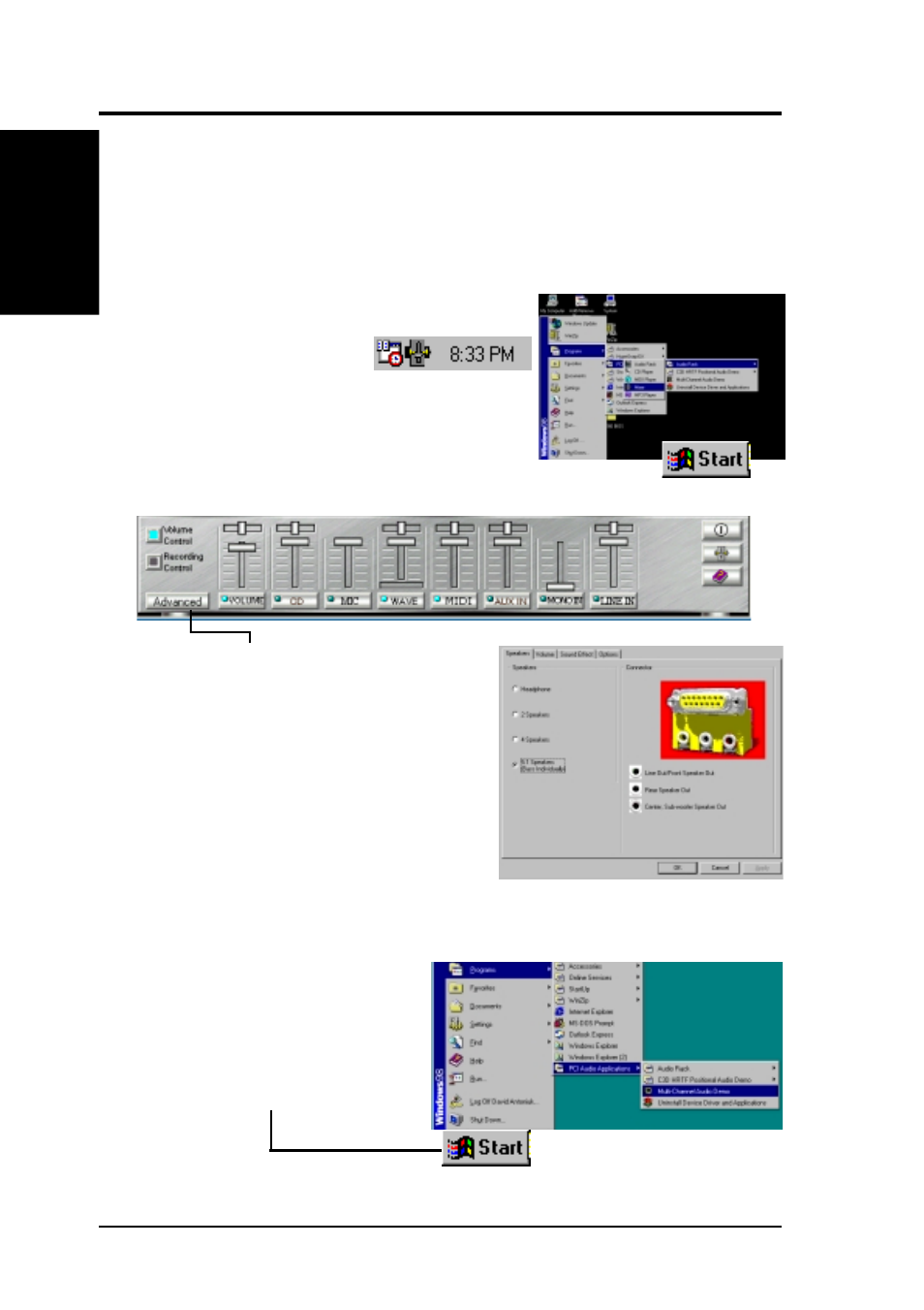 Software reference, 3 multi-channel audio feature setup, 2 the c-media audio demo program | 1 the c-media audio mixer | Asus INTEL TUSL2-C User Manual | Page 92 / 106