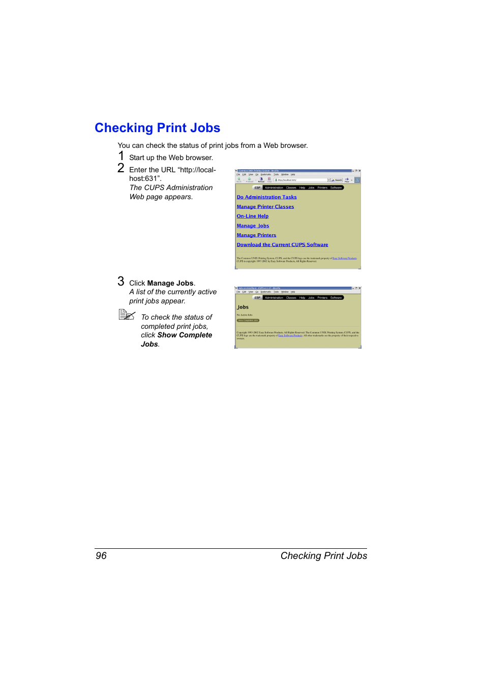 Checking print jobs, Checking print jobs 96 | Konica Minolta magicolor 5550 User Manual | Page 114 / 296