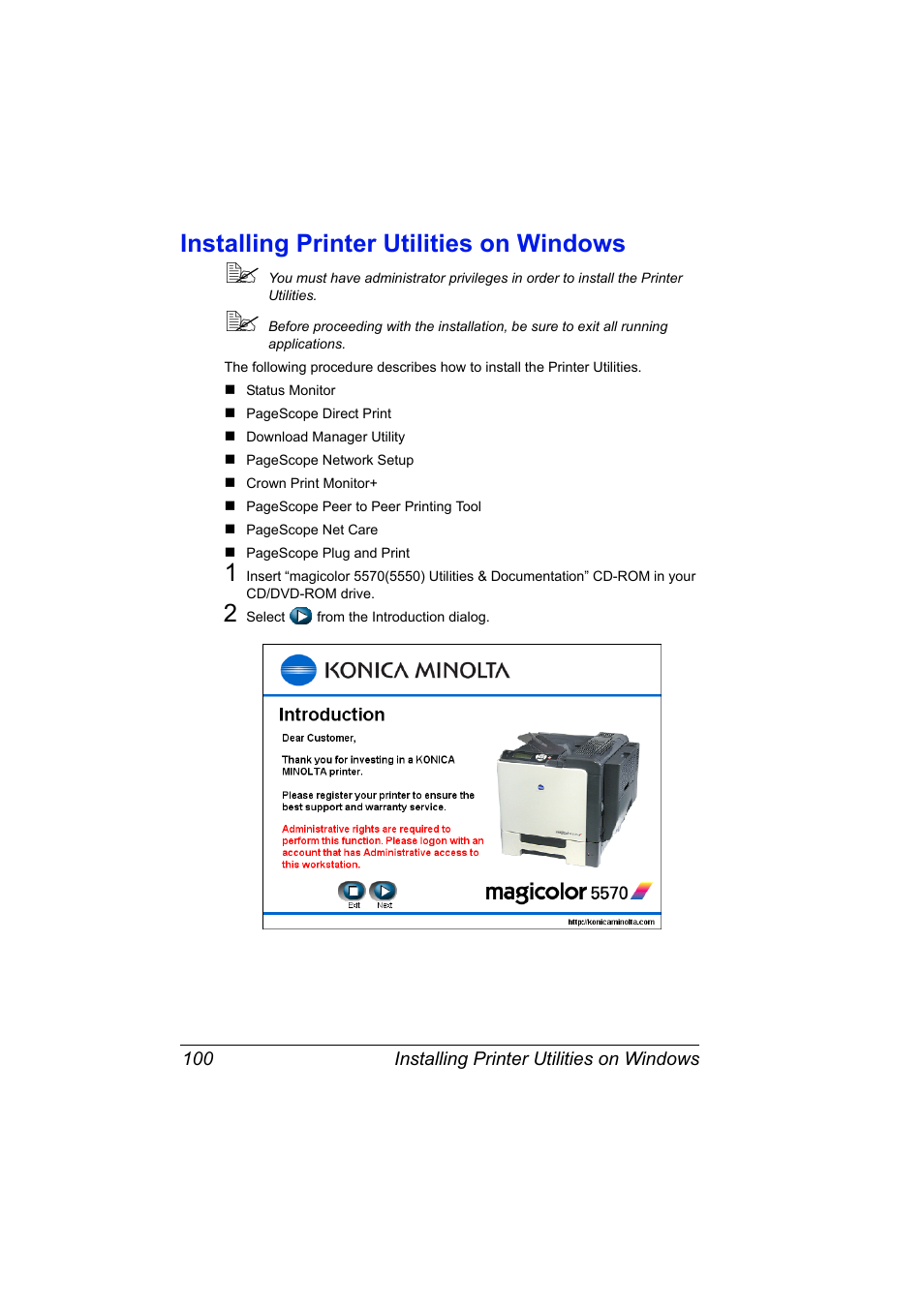 Installing printer utilities on windows, Installing printer utilities on windows 100 | Konica Minolta magicolor 5550 User Manual | Page 118 / 296