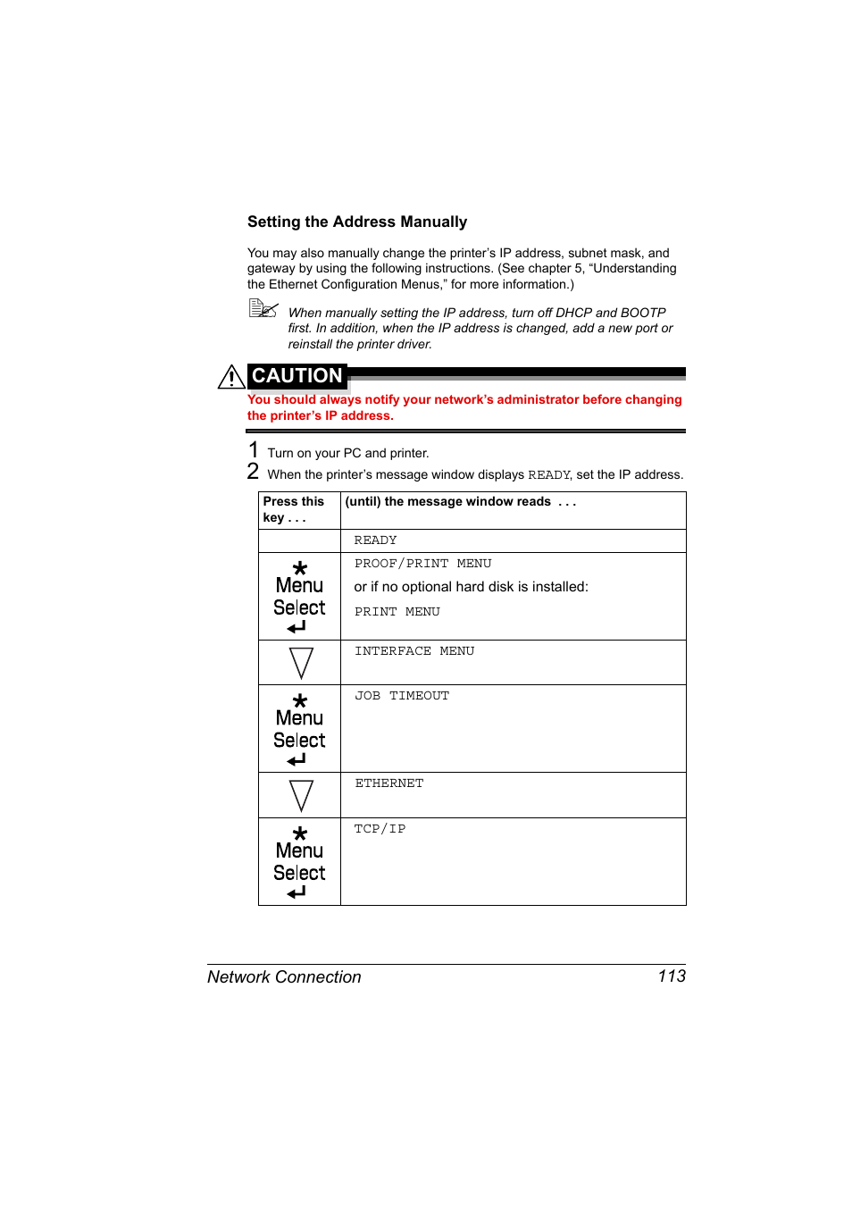 Setting the address manually, Setting the address manually 113, Caution | Konica Minolta magicolor 5550 User Manual | Page 131 / 296