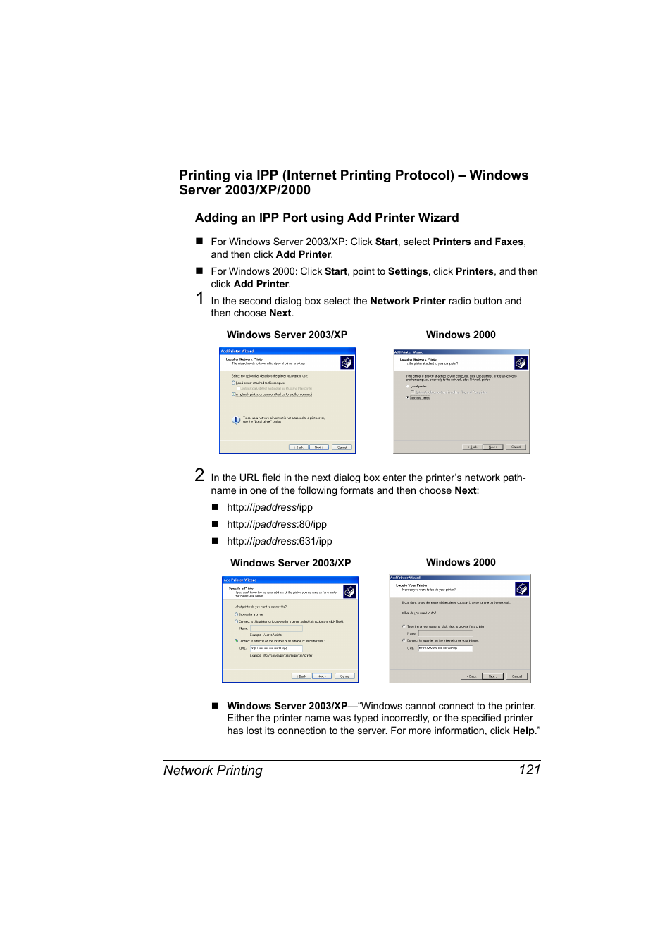 Adding an ipp port using add printer wizard, Adding an ipp port using add printer wizard 121 | Konica Minolta magicolor 5550 User Manual | Page 139 / 296
