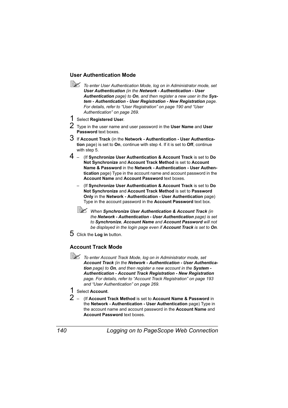 User authentication mode, Account track mode | Konica Minolta magicolor 5550 User Manual | Page 158 / 296