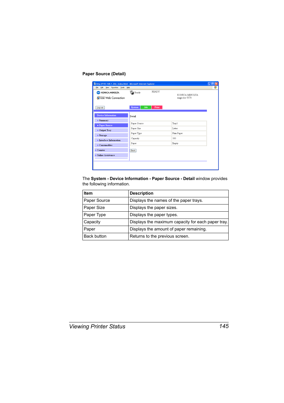 Viewing printer status 145 | Konica Minolta magicolor 5550 User Manual | Page 163 / 296