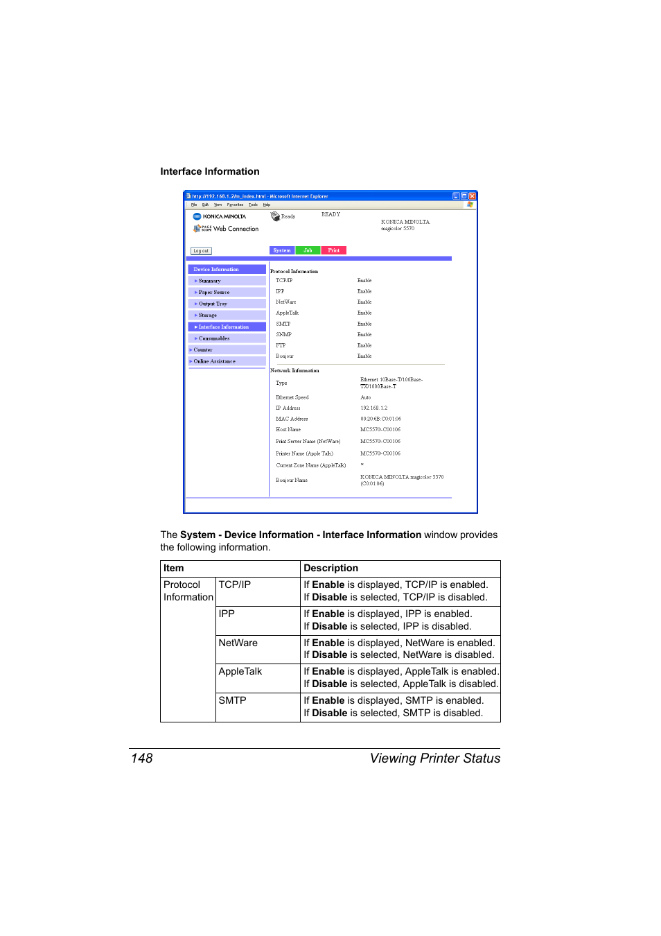 Viewing printer status 148 | Konica Minolta magicolor 5550 User Manual | Page 166 / 296