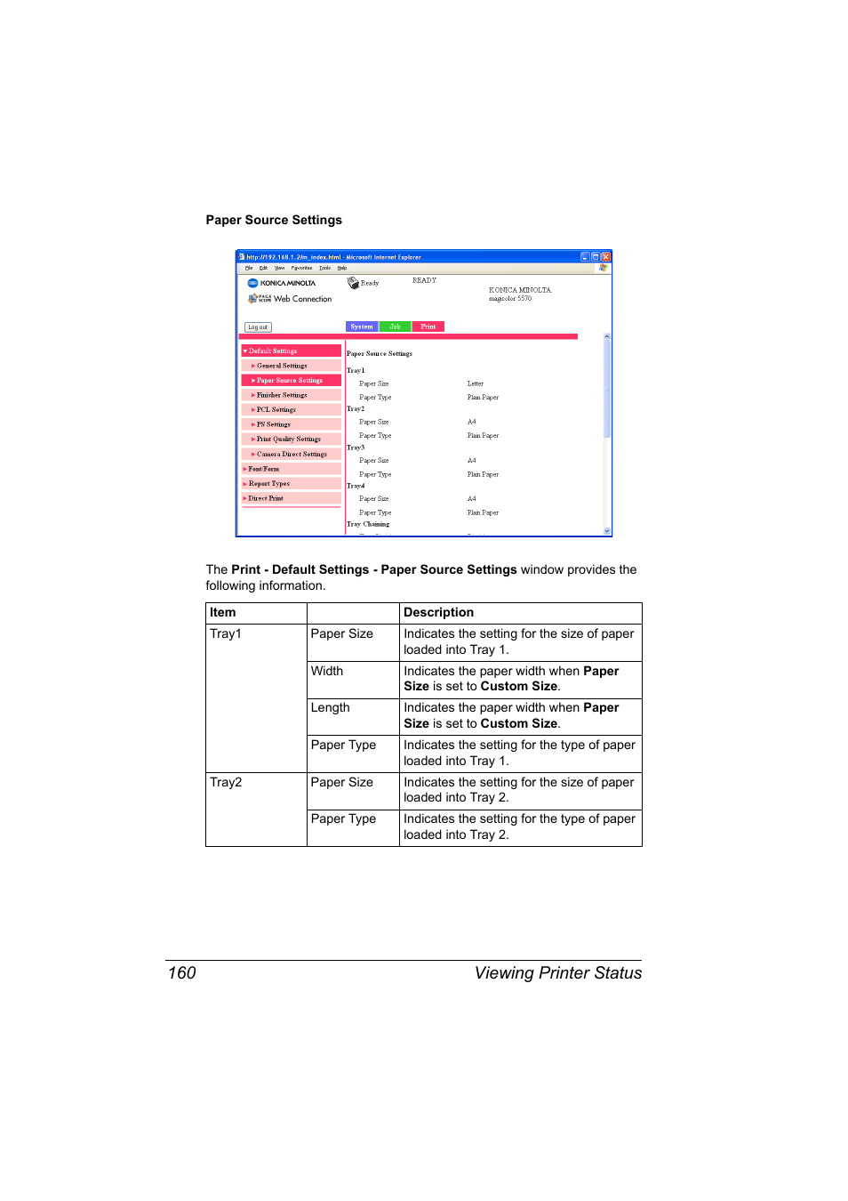 Viewing printer status 160 | Konica Minolta magicolor 5550 User Manual | Page 178 / 296