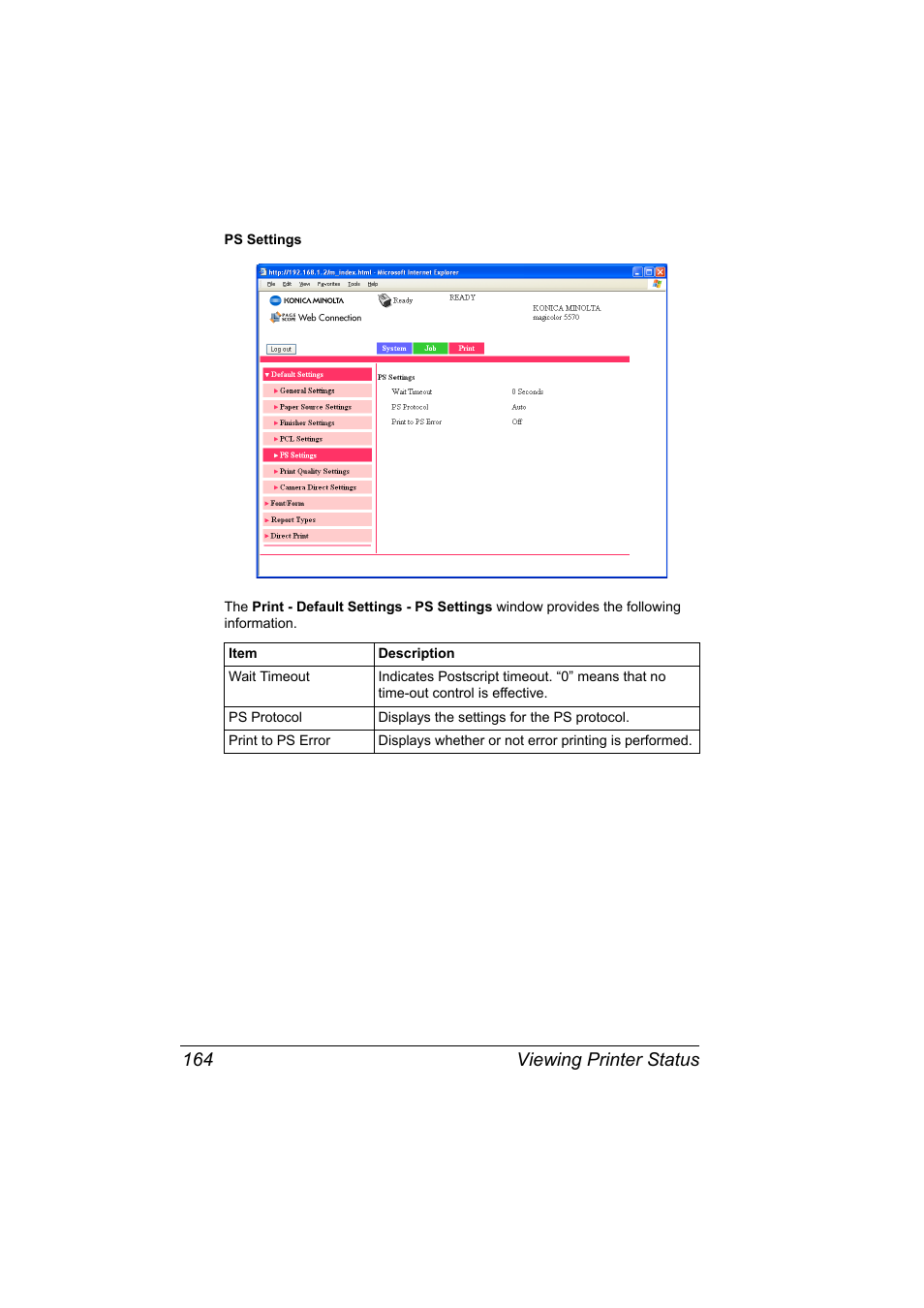 Viewing printer status 164 | Konica Minolta magicolor 5550 User Manual | Page 182 / 296