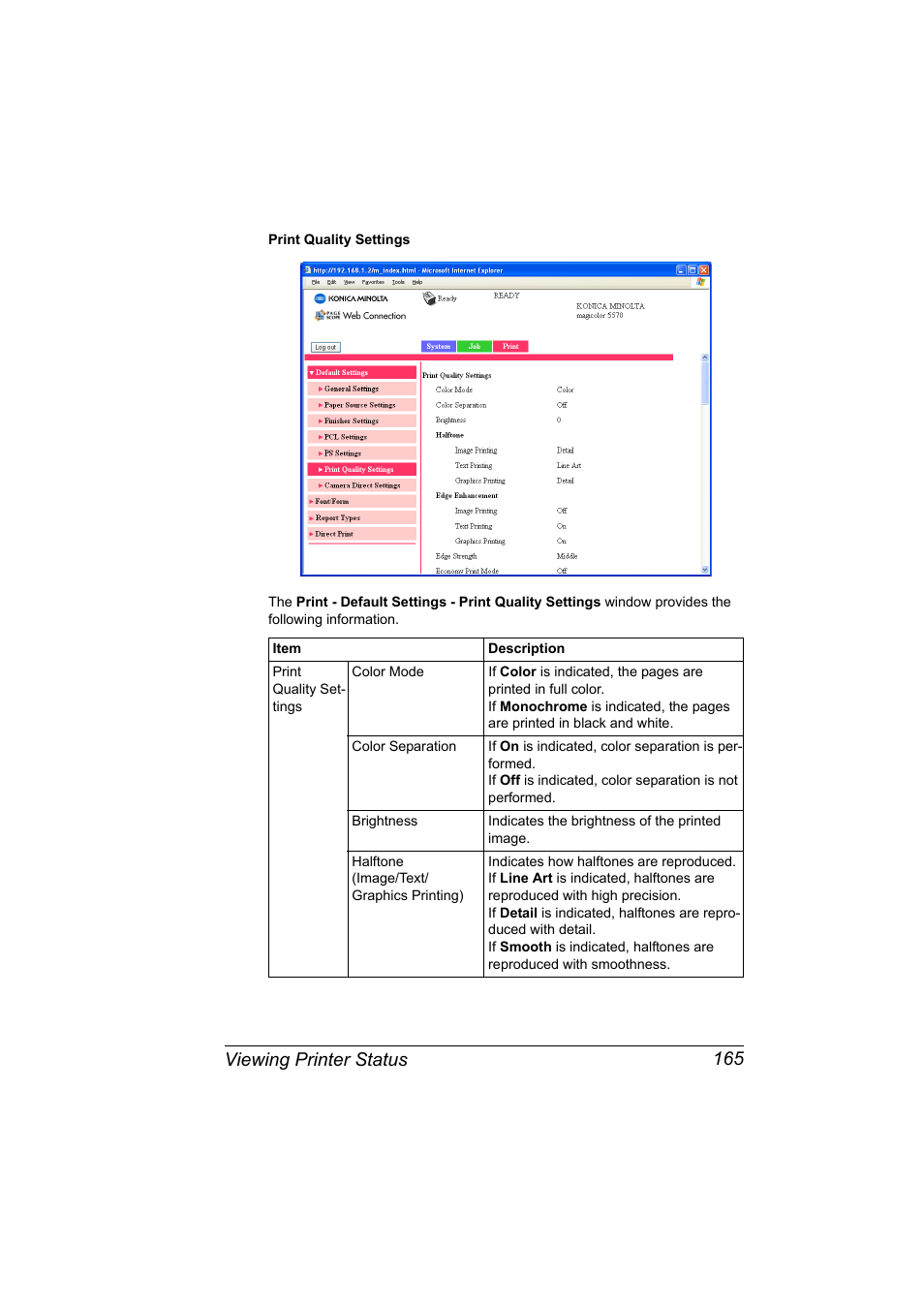 Viewing printer status 165 | Konica Minolta magicolor 5550 User Manual | Page 183 / 296