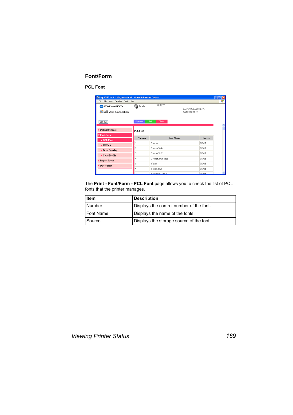 Font/form, Font/form 169, Viewing printer status 169 | Konica Minolta magicolor 5550 User Manual | Page 187 / 296