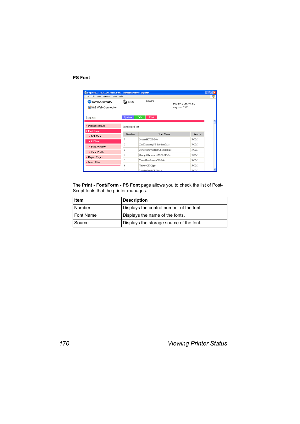 Viewing printer status 170 | Konica Minolta magicolor 5550 User Manual | Page 188 / 296