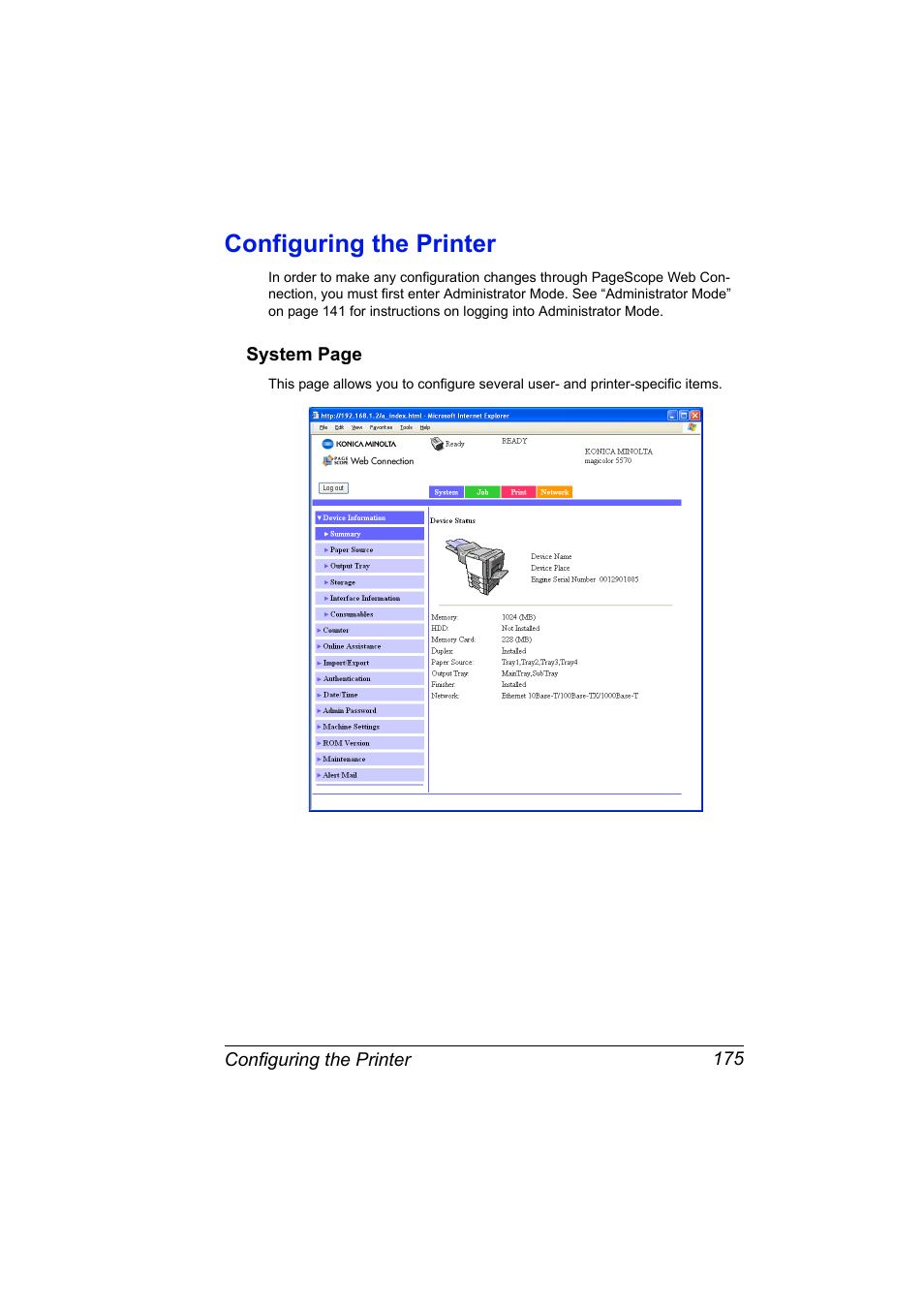 Configuring the printer, Configuring the printer 175 | Konica Minolta magicolor 5550 User Manual | Page 193 / 296