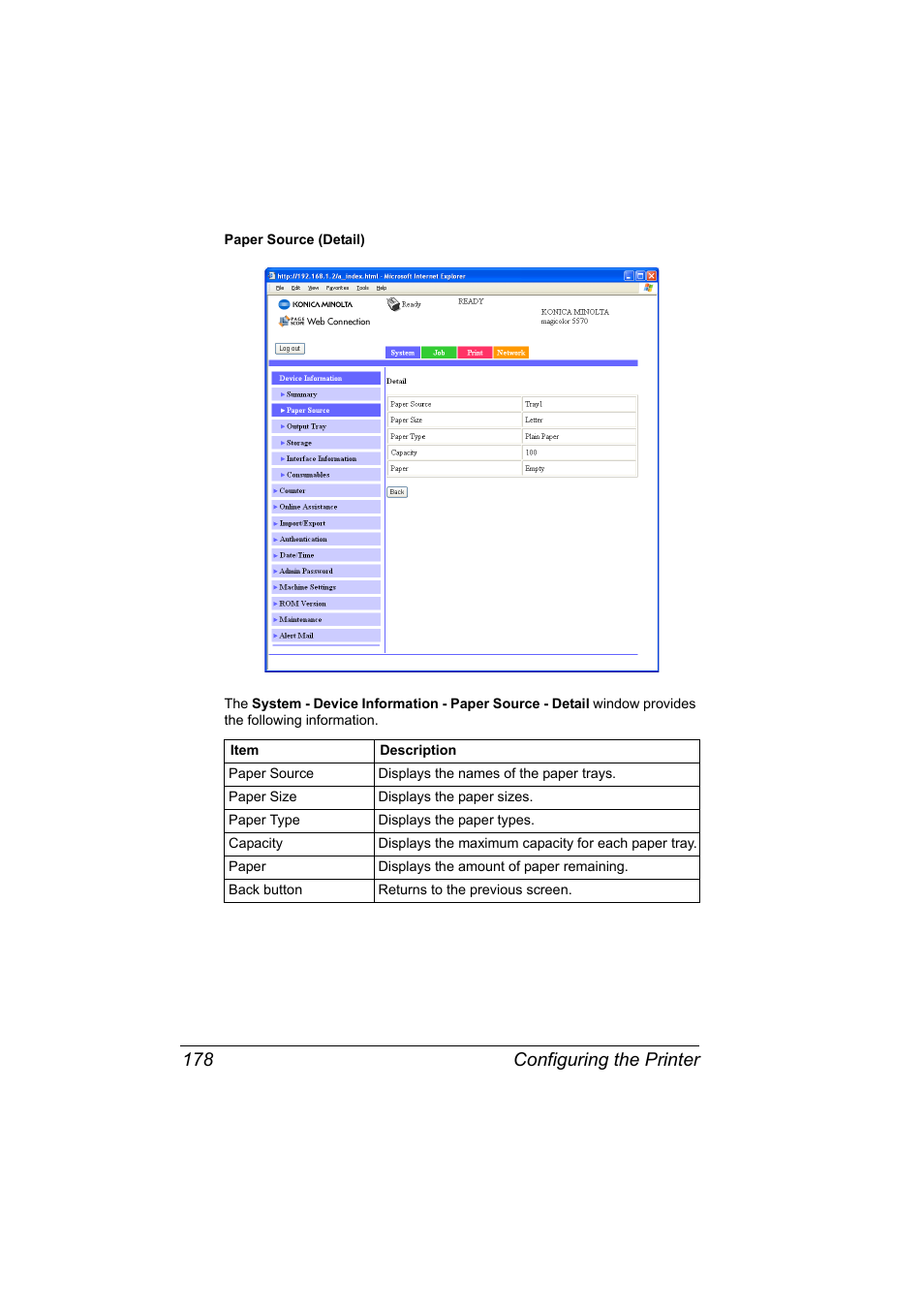 Configuring the printer 178 | Konica Minolta magicolor 5550 User Manual | Page 196 / 296