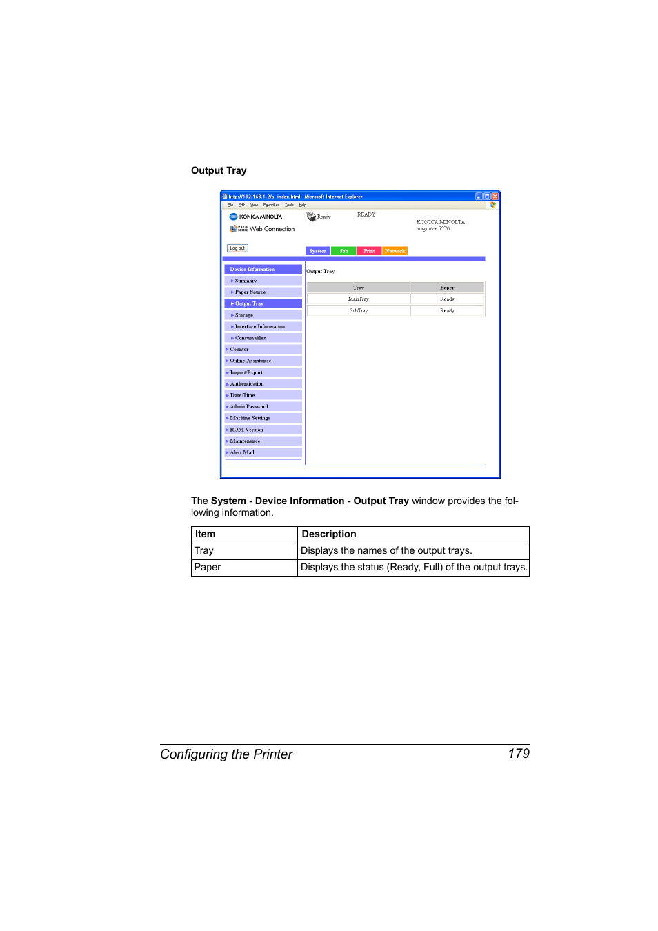 Configuring the printer 179 | Konica Minolta magicolor 5550 User Manual | Page 197 / 296