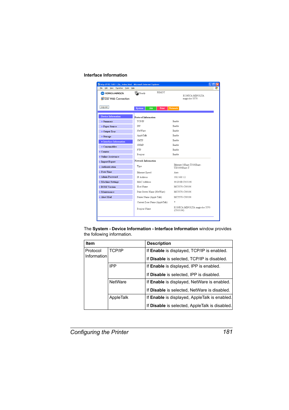 Configuring the printer 181 | Konica Minolta magicolor 5550 User Manual | Page 199 / 296