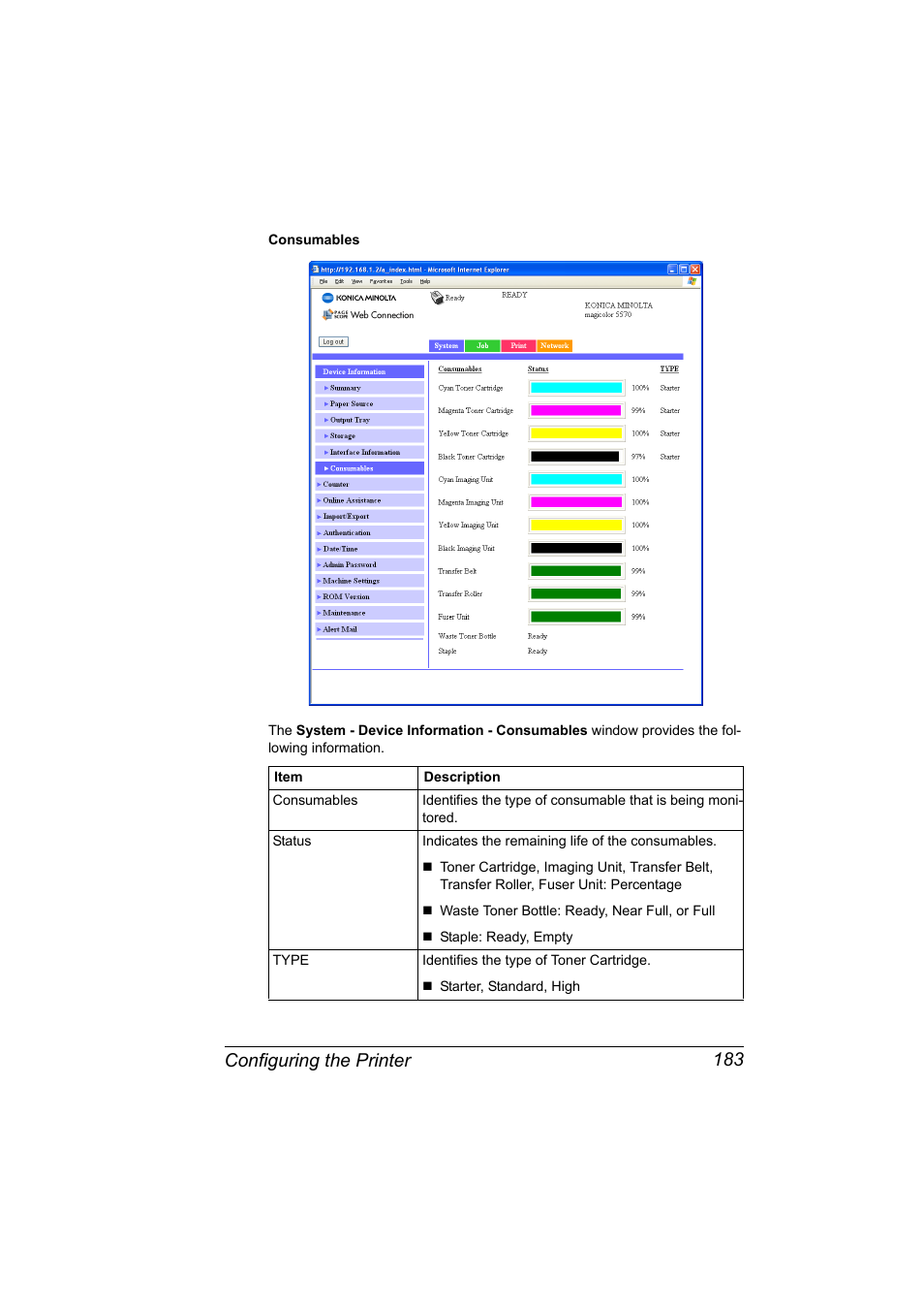 Configuring the printer 183 | Konica Minolta magicolor 5550 User Manual | Page 201 / 296