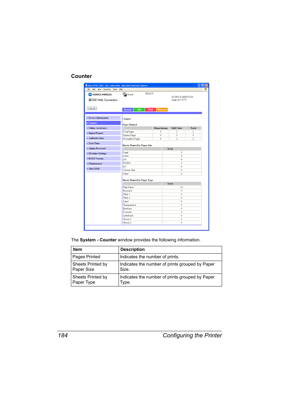 Counter, Counter 184, Configuring the printer 184 | Konica Minolta magicolor 5550 User Manual | Page 202 / 296