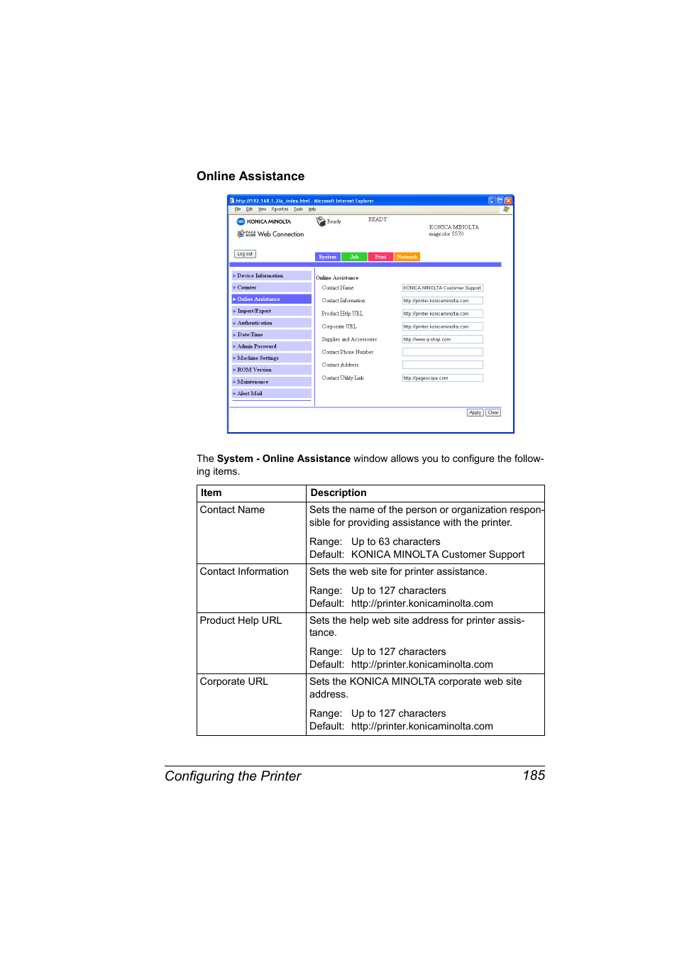 Online assistance, Online assistance 185, Configuring the printer 185 | Konica Minolta magicolor 5550 User Manual | Page 203 / 296