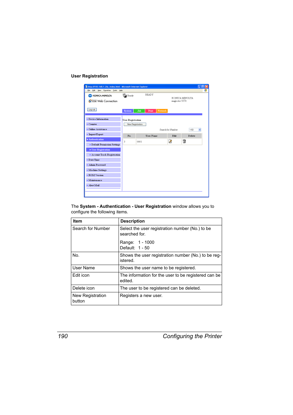 Configuring the printer 190 | Konica Minolta magicolor 5550 User Manual | Page 208 / 296