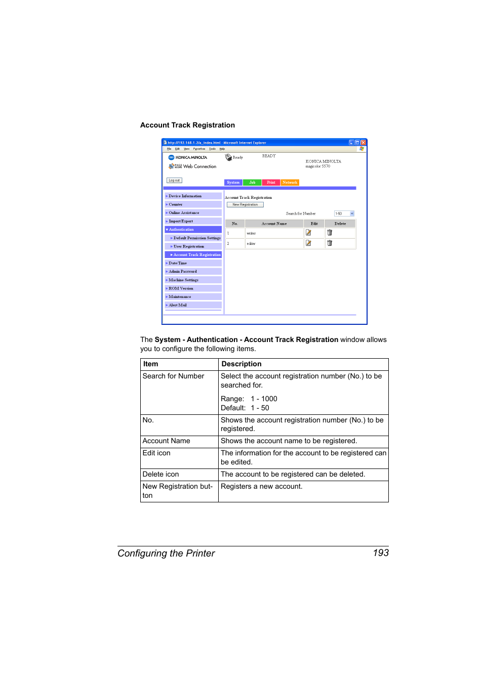 Configuring the printer 193 | Konica Minolta magicolor 5550 User Manual | Page 211 / 296
